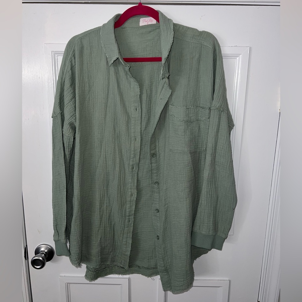 sage green gauze button up